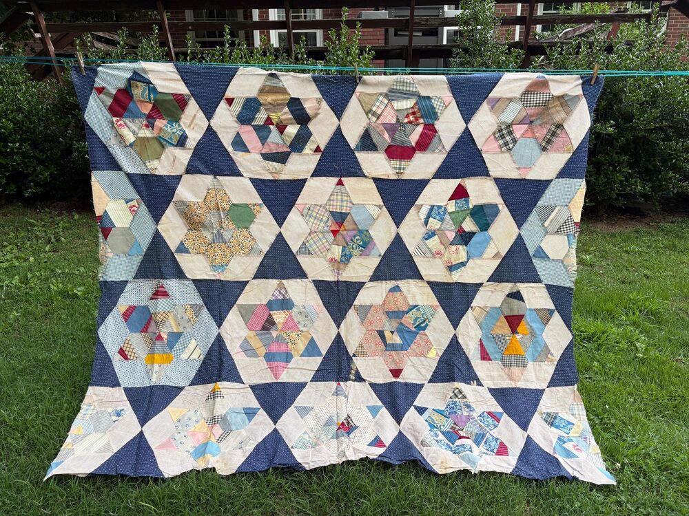 Antique Hexagon Star Pattern Handmade Vintage Patchwork QUILT TOP ONLY